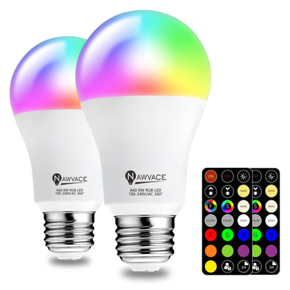 LED Color Changing Light Bulb with Remote Control, 60W Equivalent RGB Bulbs, 8W Dimmable E26 A19 2700K-6000K Warm
