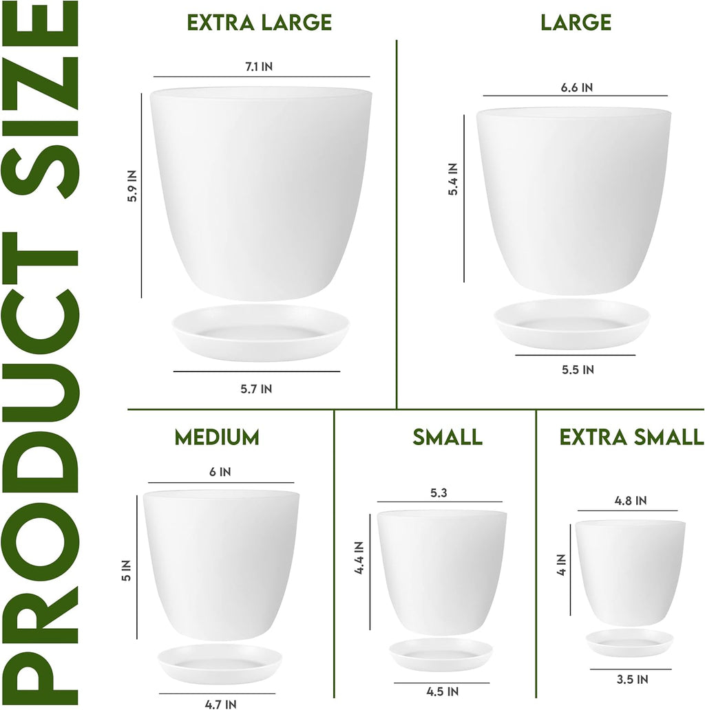 Plant Pots Indoor with Drainage Holes – Set of 5 White Plastic Flower Pots (7/6.6/6/5.3/4.8 Inch) – Modern Planters