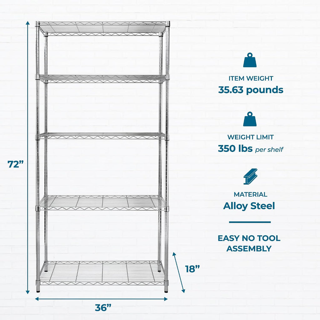 5-Tier Rolling Chrome Wire Shelf, NSF, 350 lb/Shelf, 36x18x72