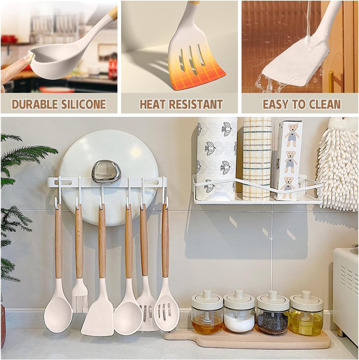 Kitchen Cooking Utensils Set, 33 pcs Non-Stick Silicone Cooking Kitchen Utensils Spatula Set with Holder, Wooden