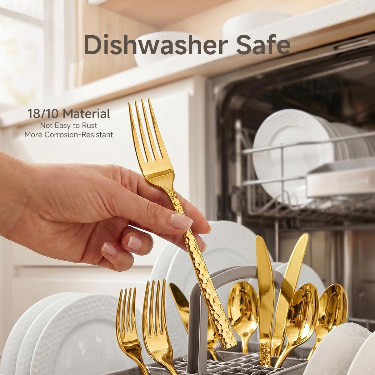 40 Piece Gold Silverware Set, 18/10 Stainless Steel Hammered Flatware for 8