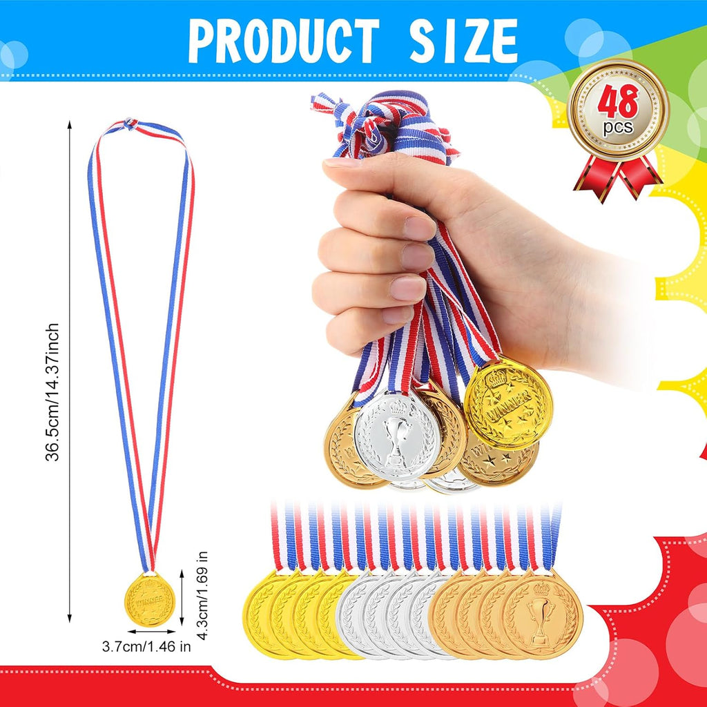 48 Pcs Gold Silver Bronze Plastic Medals for Kids Winner Award Medal Bulk 1st 2nd 3rd Place Prize Neck Ribbon for