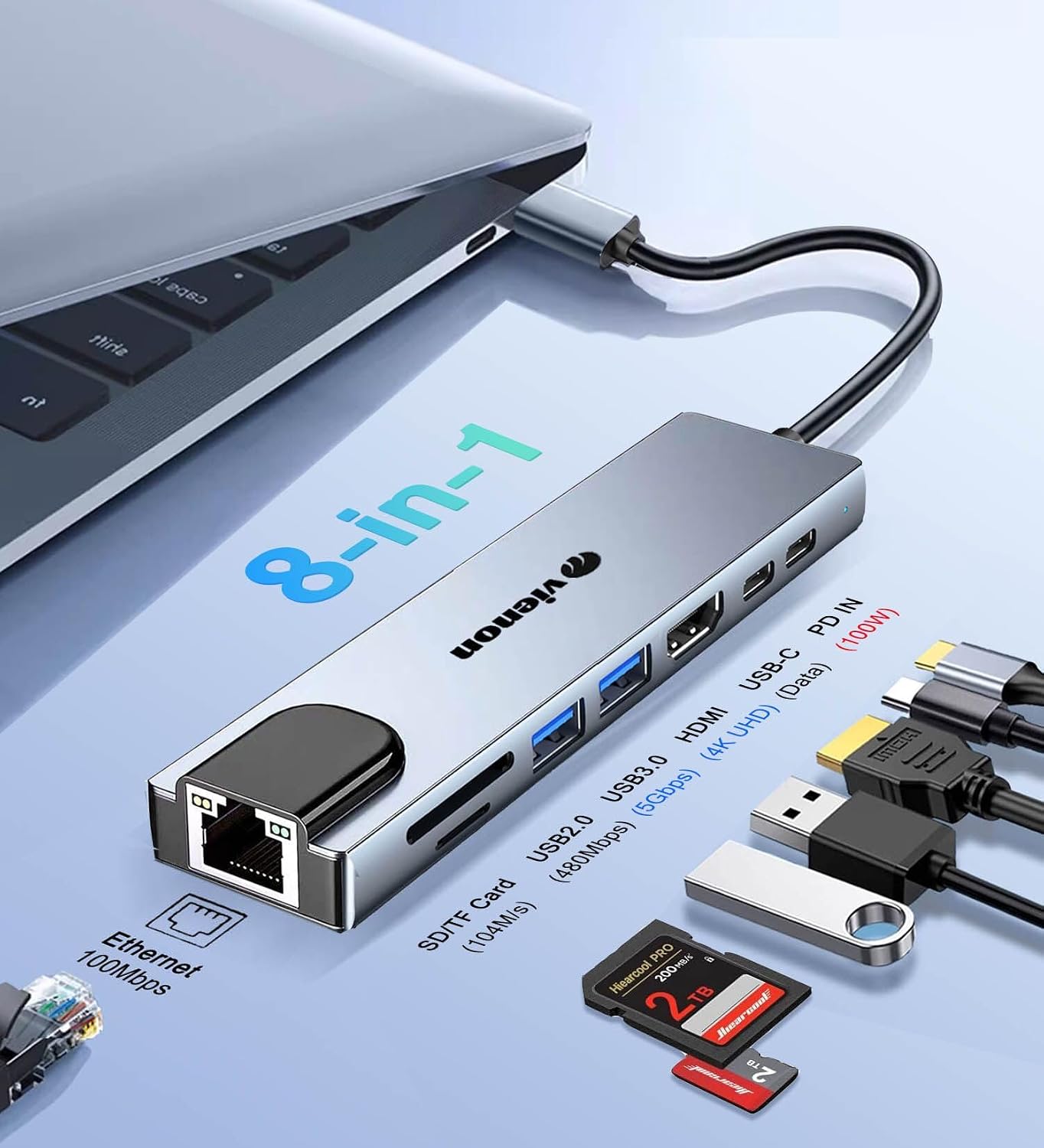 USB C Hub Ethernet HDMI Adapter, 8 in 1 Laptop Docking Station with 4K HDMI, RJ45 Ethernet 100Mbps, SD/TF Card