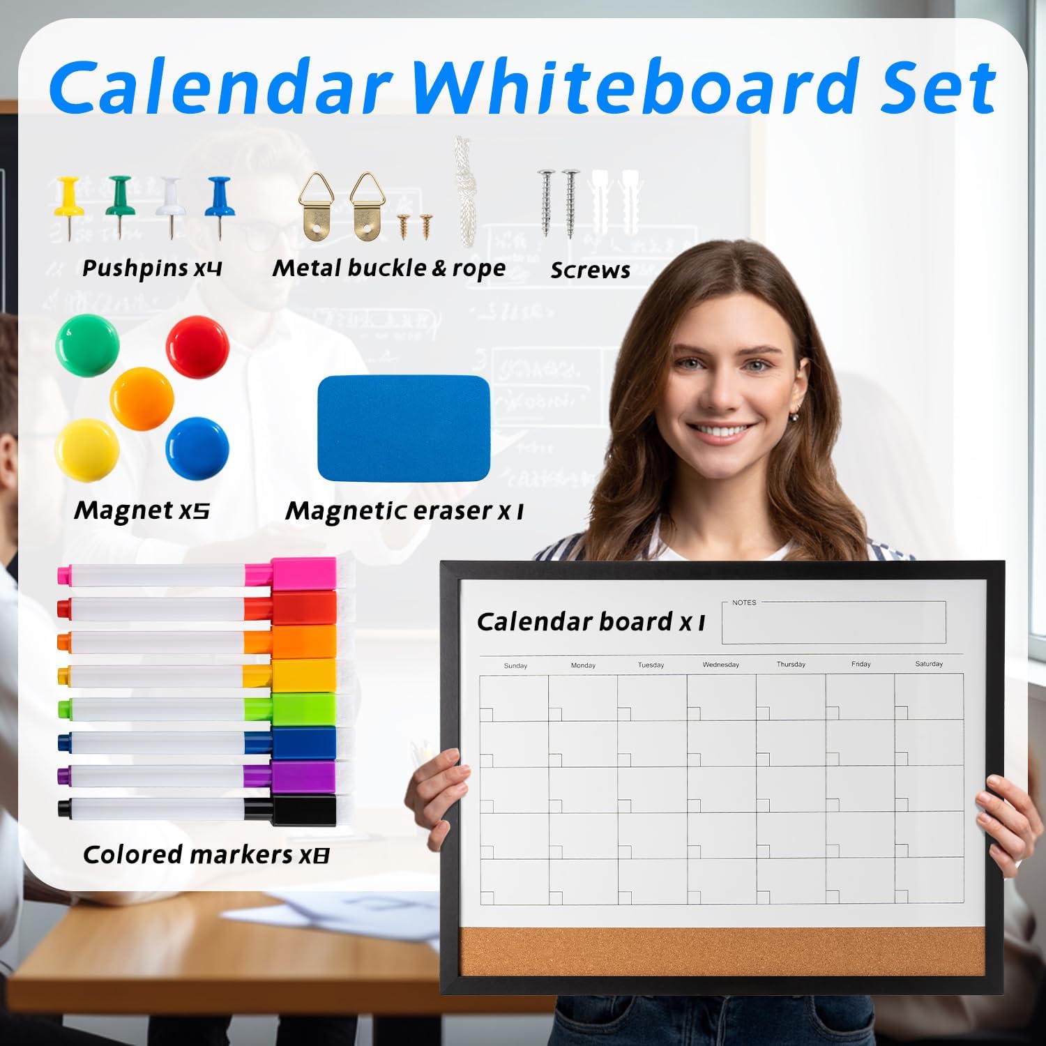 Dry Erase Calendar Whiteboard, 17" x 13" Magnetic Whiteboard Cork Board Combo, Reusable Monthly Planner with 8