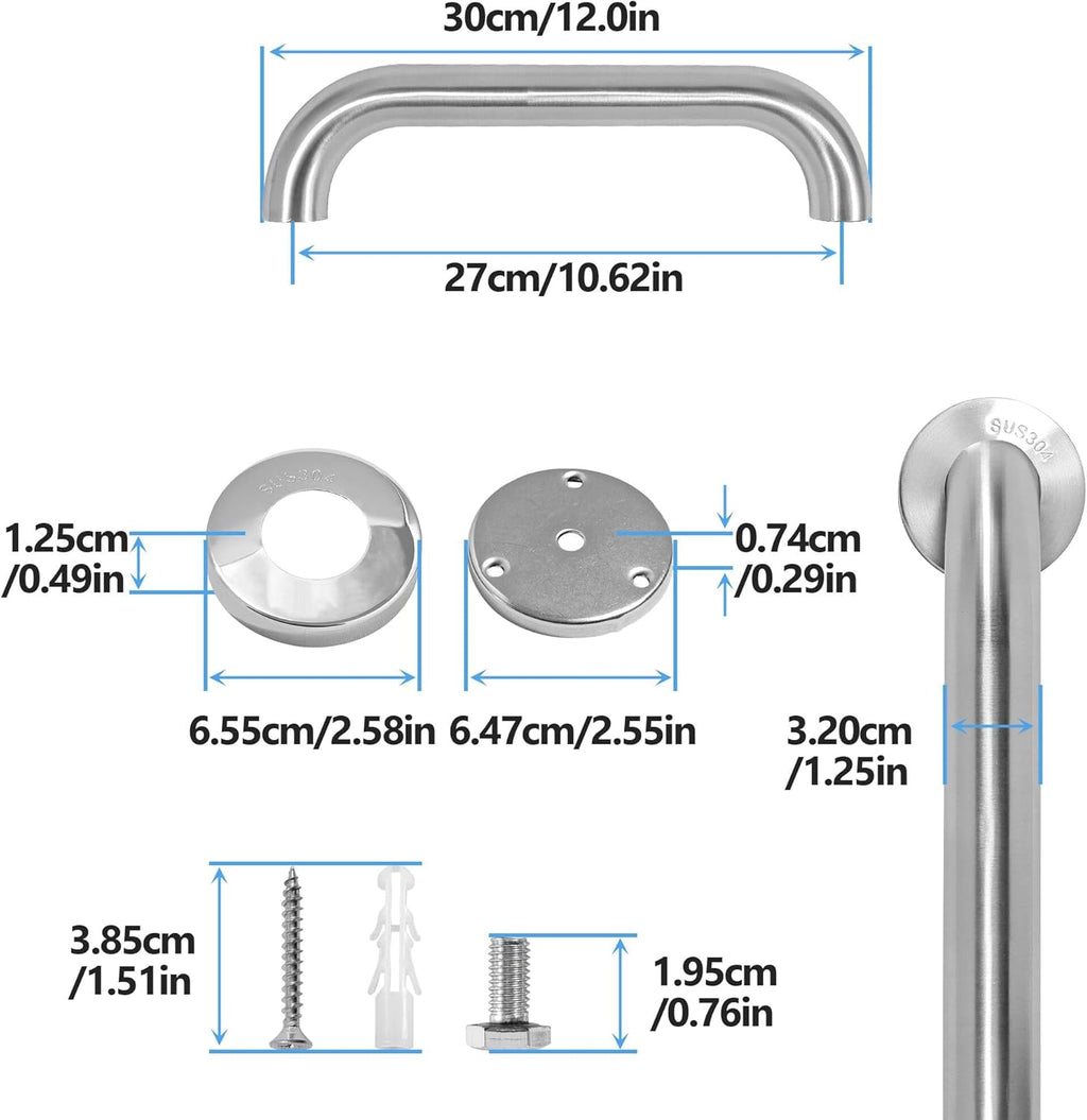 Shower Grab Bar, 2 Pack 12 Inch Brushed Nickel Bathroom Safety Bar, 1.25" Diameter 304 Stainless Steel Grab Bars for