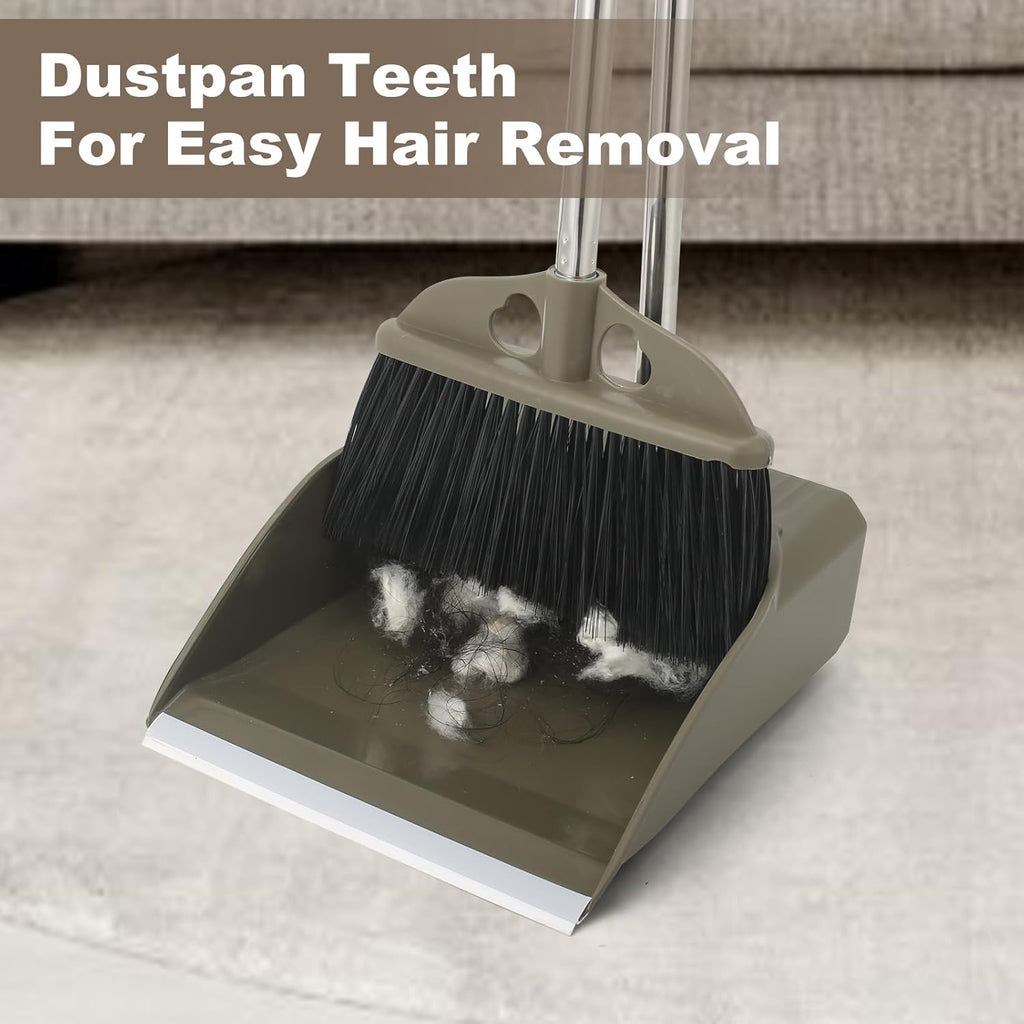Upgrade Broom with Dustpan Combo Set,48'' Long Handle Stiff Broom Bristles with Heavy Duty Dust Pan,Indoor Outdoor