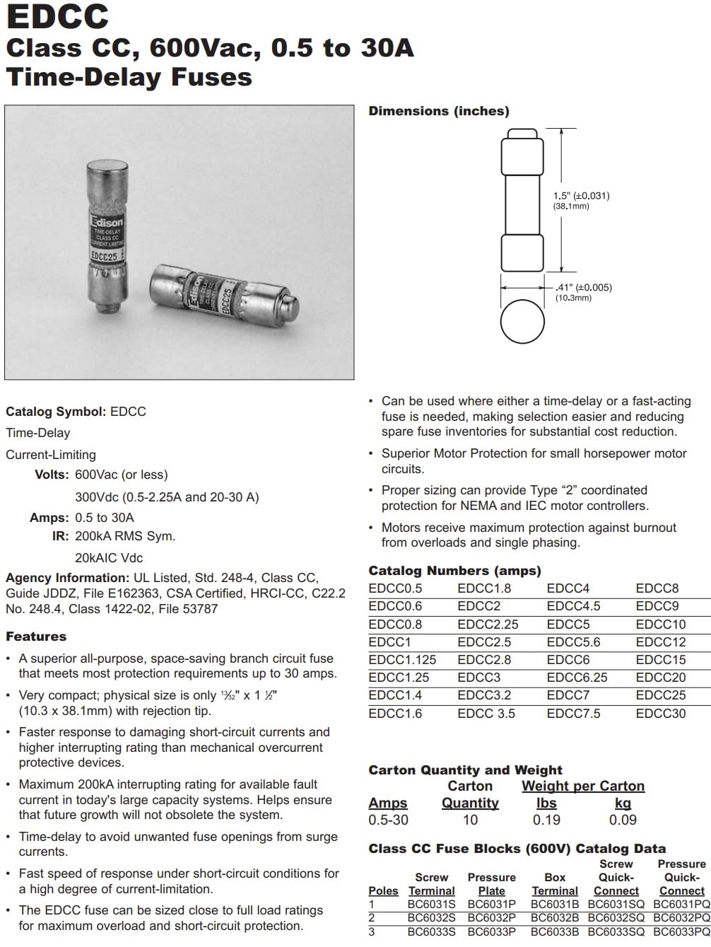 EDCC-15 (EDCC15) 15A Time-Delay Fuse Class CC 600 V Compatible with Edison