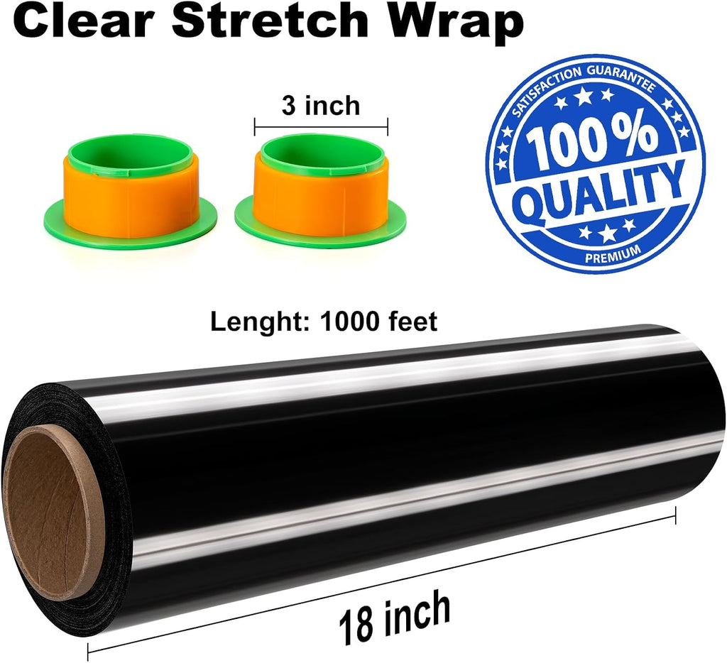 2 Rolls Black Stretch Wrap 18" x 1000FT x 80 Gauge Heavy Duty Film | Heavy Duty Black Stretch Wrap with Holder, 80