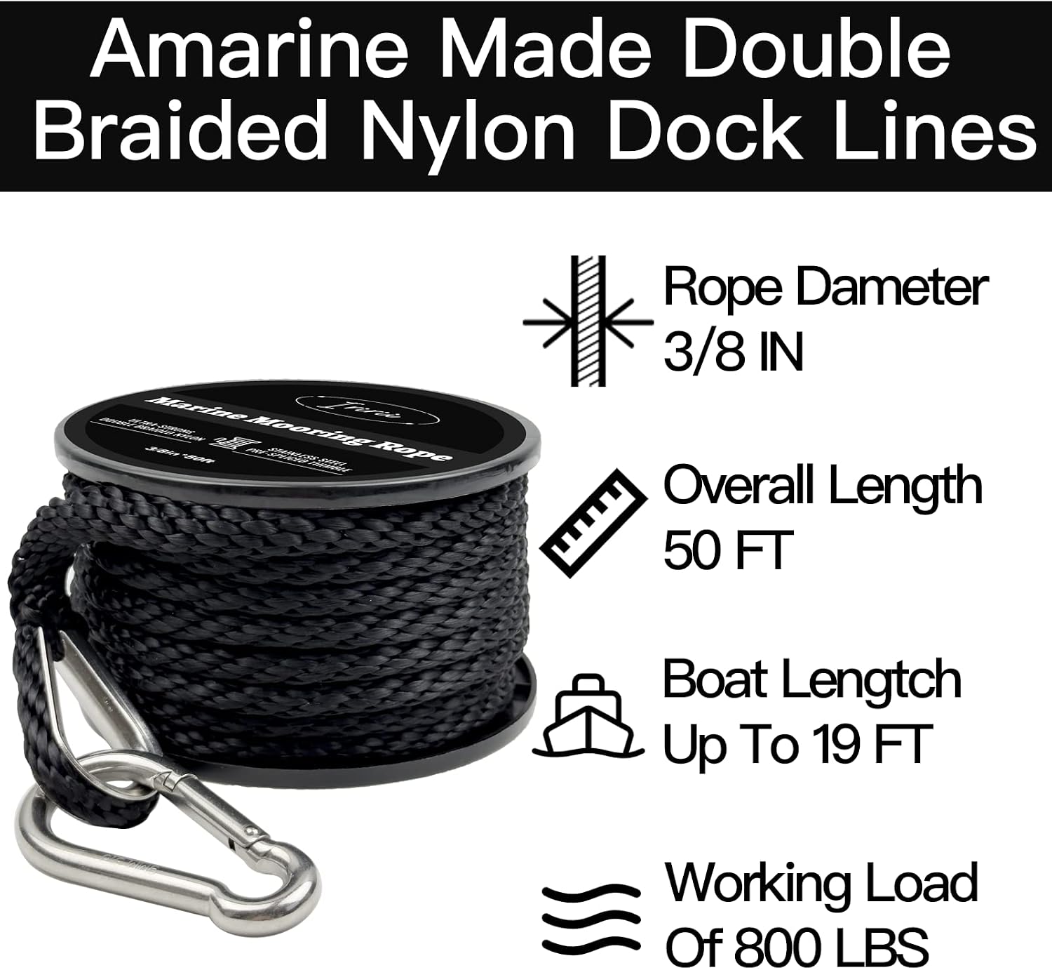 50 Feet Double Braided Nylon Boat Anchor Rope 3/8inch with 316 Stainless Steel Thimble and Heavy Duty Snap Hook