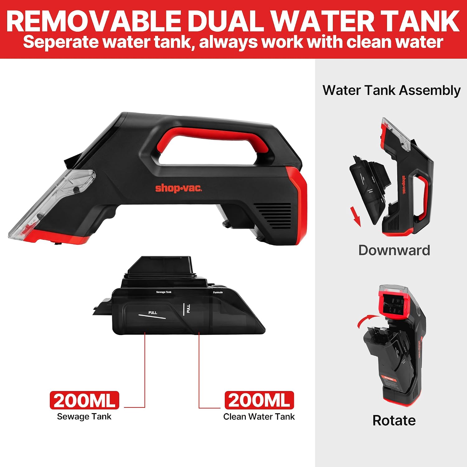 3-in-1 Cordless Spot Cleaner, Handheld Upholstery Cleaner with Spray, Rolling Brush and 5.5kPa Suction, 2 Water
