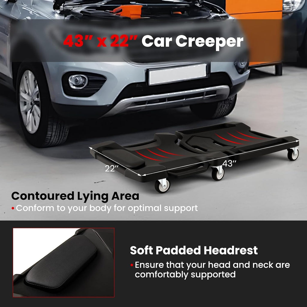 43" x 22" Foldable Creeper, 350LBS Mechanic Creeper with Soft Padded Headrest, Magnetic Tool Tray, Heavy-Duty Rolling