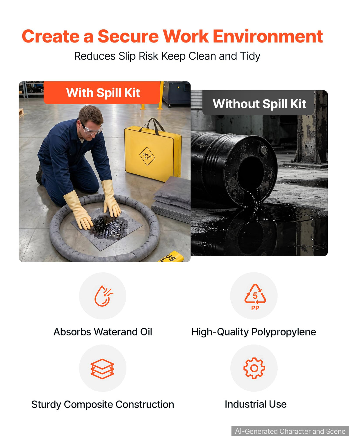 Complete Spill Absorbent Kit for Oil Water Medium-Duty Absorbing Set
