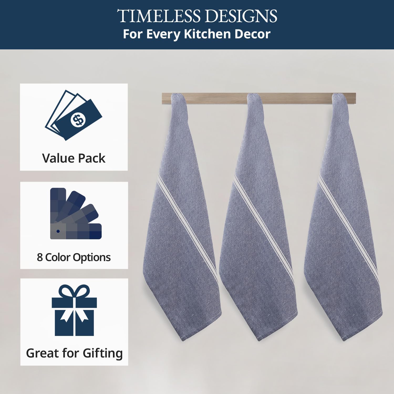 Kitchen Towels Set - 100% Pure Cotton Dish Towels for Kitchen, Super Absorbent Kitchen Hand Towel, Blue Tea Towels