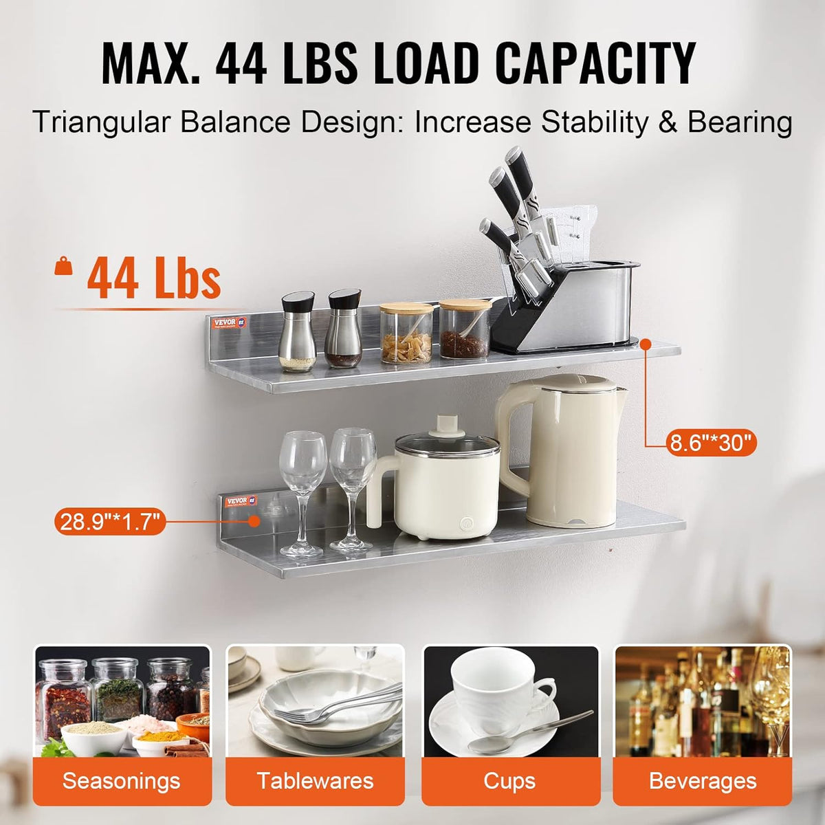 8.6" x 30" -2 Pack Stainless Steel Shelf, Wall Mounted Floating Shelving with Backsplash, 44 lbs Load Capacity