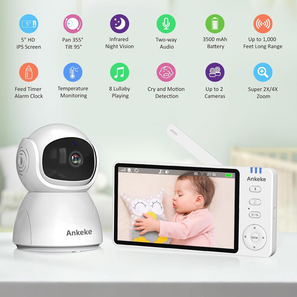Baby Monitor with Camera and Audio, No WiFi Baby Monitor with 5" 720P HD Screen, 100-Hour Battery, 1000ft Long Range