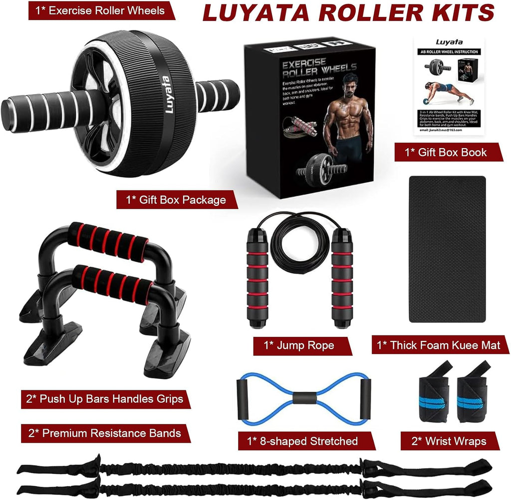 Ab Roller Wheel, 10-In-1 Ab Exercise Wheels Kit with Resistance Bands, Knee Mat, Jump Rope, Push-Up Bar - Home Gym