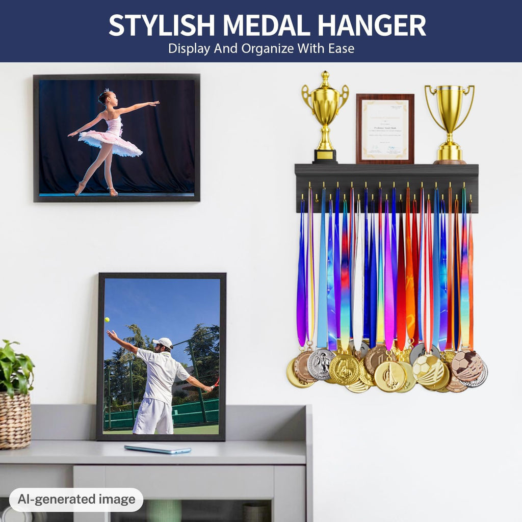 Medal Holder Display Trophy Shelf Organizer, Sturdy Wooden Race Award Hanger Rack with 25 Steel Hooks, Wall Mount