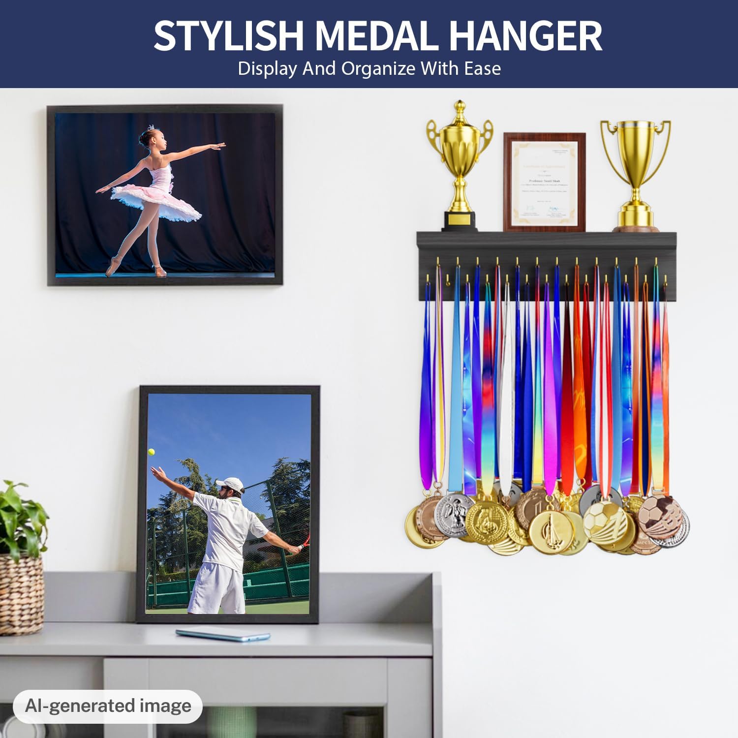 Medal Holder Display Trophy Shelf Organizer, Sturdy Wooden Race Award Hanger Rack with 25 Steel Hooks, Wall Mount