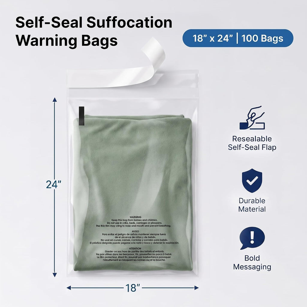 18” X 24” (100 Count) Self Seal Clear Poly Bags with Suffocation Warning