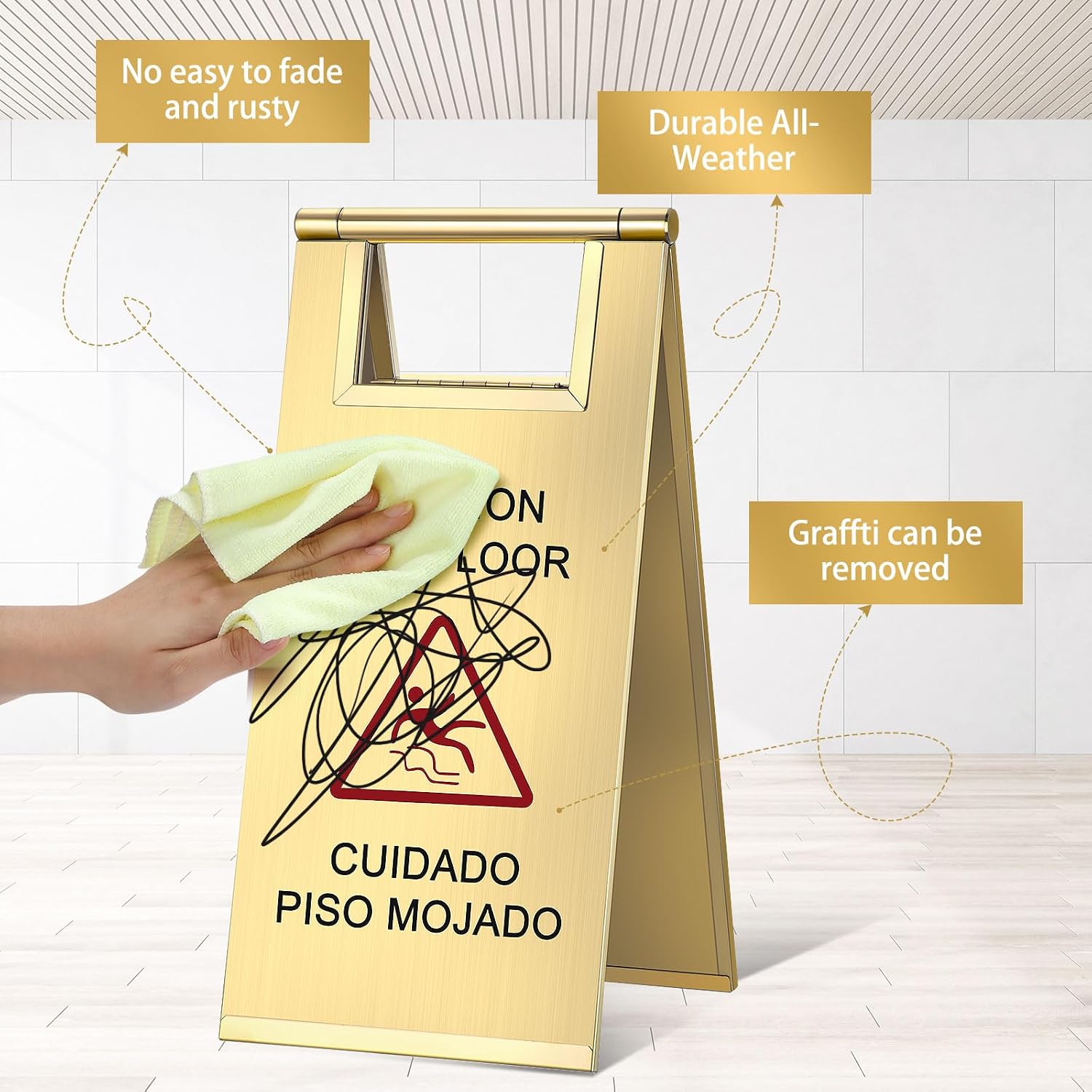 2 Pcs Wet Floor Sign, 17 Inch Stainless Steel Caution Wet Floor Sign Double Sided Portable Foldable Bilingual Safety