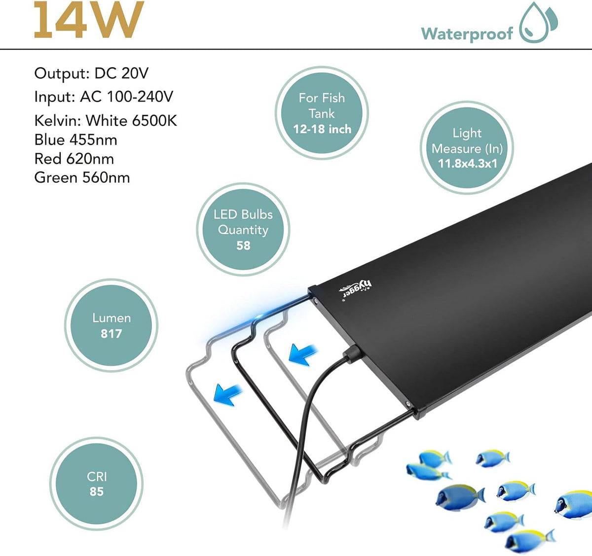 Fish Aquarium LED Light, 14W 24/7 Lighting Sunrise-Daylight-Moonlight Mode DIY , Adjustable Timer/Brightness with