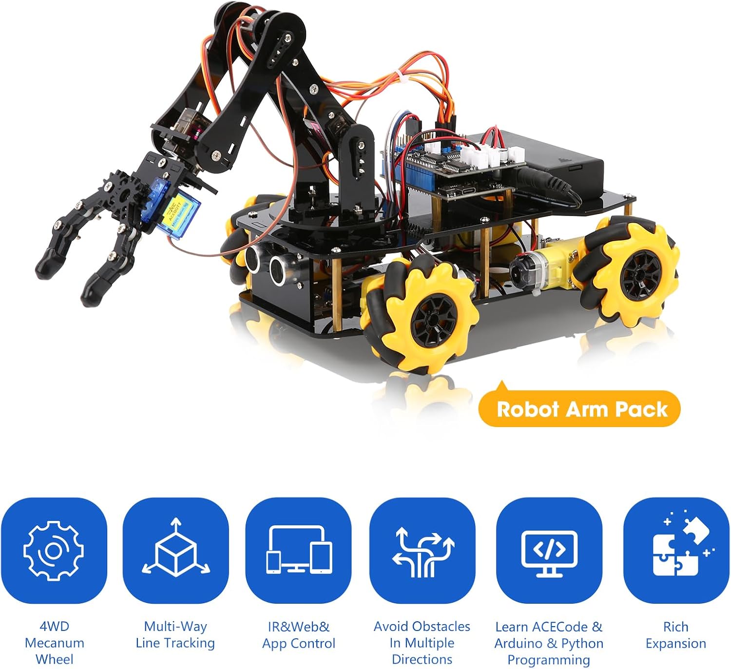5DOF Smart Robot Arm Car Kit, 4WD Remote Control Car Compatible with Arduino/Python/Blockly Programming Project/STEM