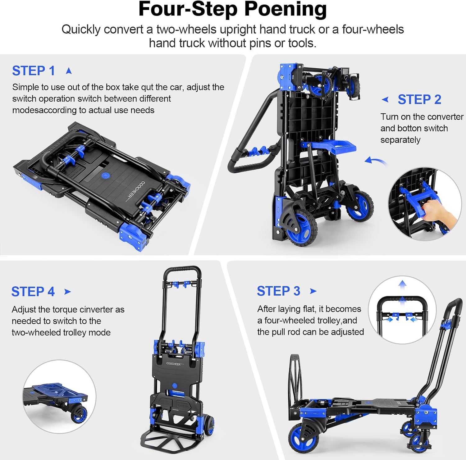 Folding Hand Truck Dolly, 330lb Convertible 4 to 2 Wheel Moving Cart, Blue | Dolly Cart with Retractable, Aluminum
