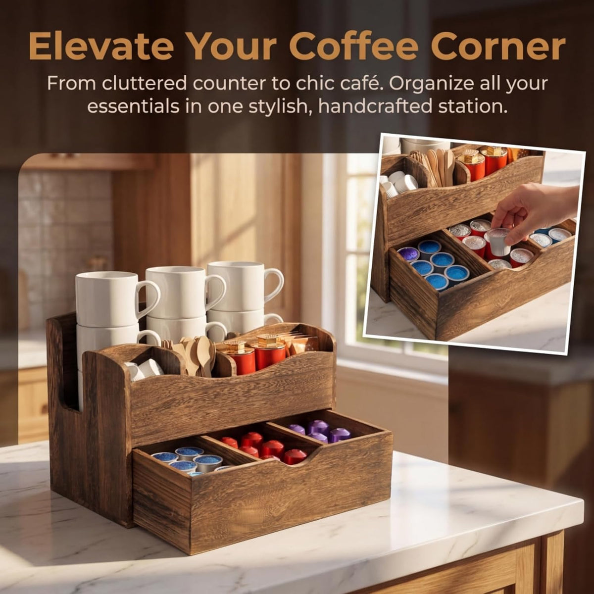 Wood Coffee Station Organizer with Drawer, 6 Compartments