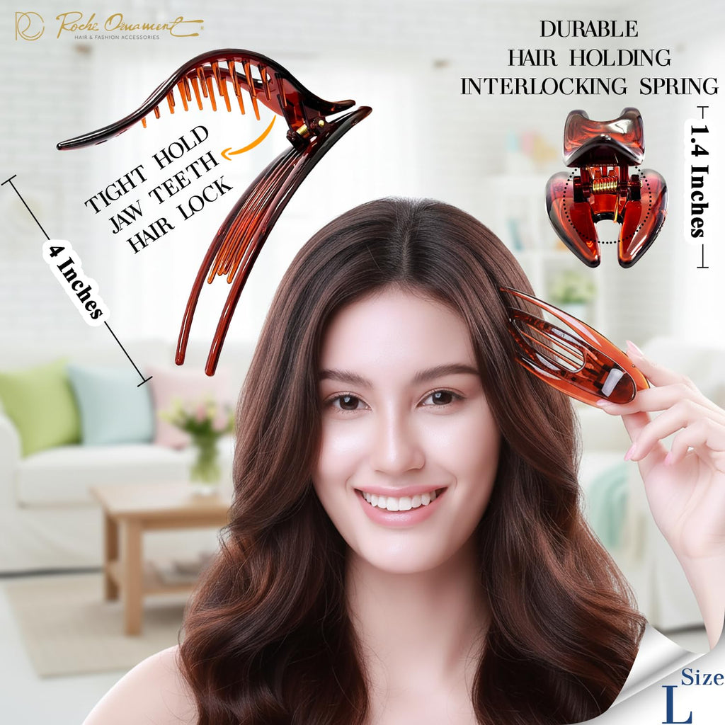 RC ROCHE 6 Pcs Flat Claw Clips for Women Thick Hair No Slip, Large Brown