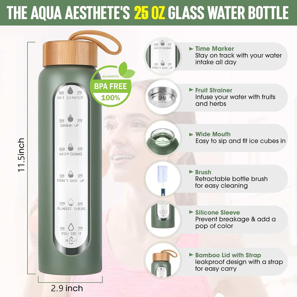 Glass Water Bottles 25 Oz with Silicone Sleeve - BPA Free Reusable Wide Mouth Glass Motivational Water Bottles with