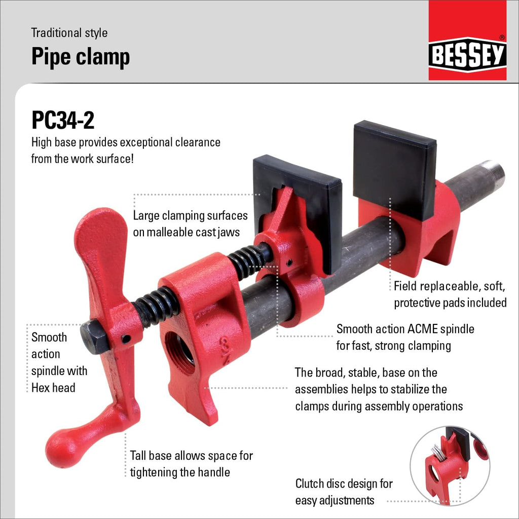 PC34-2, 3/4 In. Traditional Style Pipe Clamps - Incredibly Versatile, Easy To Assemble, Indespensable Workshop Clamp