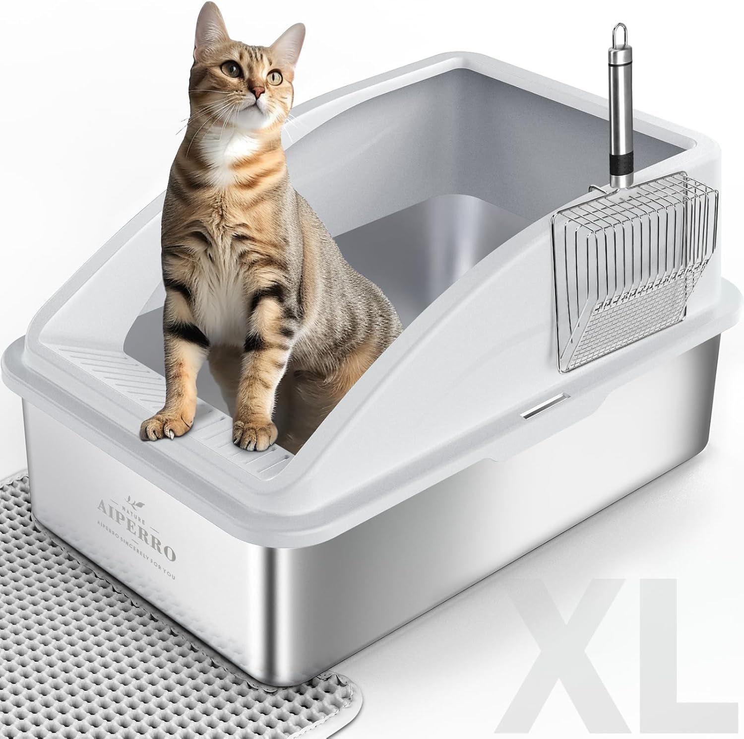 Stainless Steel Litter Box | XL Enclosed Cat Litter Boxes with Lid for Big Cats | High Sided, Anti-Urine Leakage |