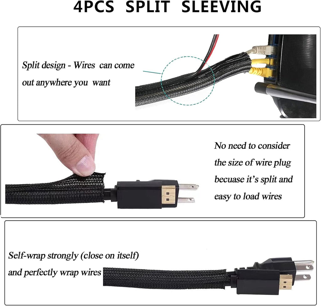 Cord Management Organizer Kit 4 Cable Sleeve split with 41Self Adhesive Cable Clips Holder, 10pcs and 2 Roll Self
