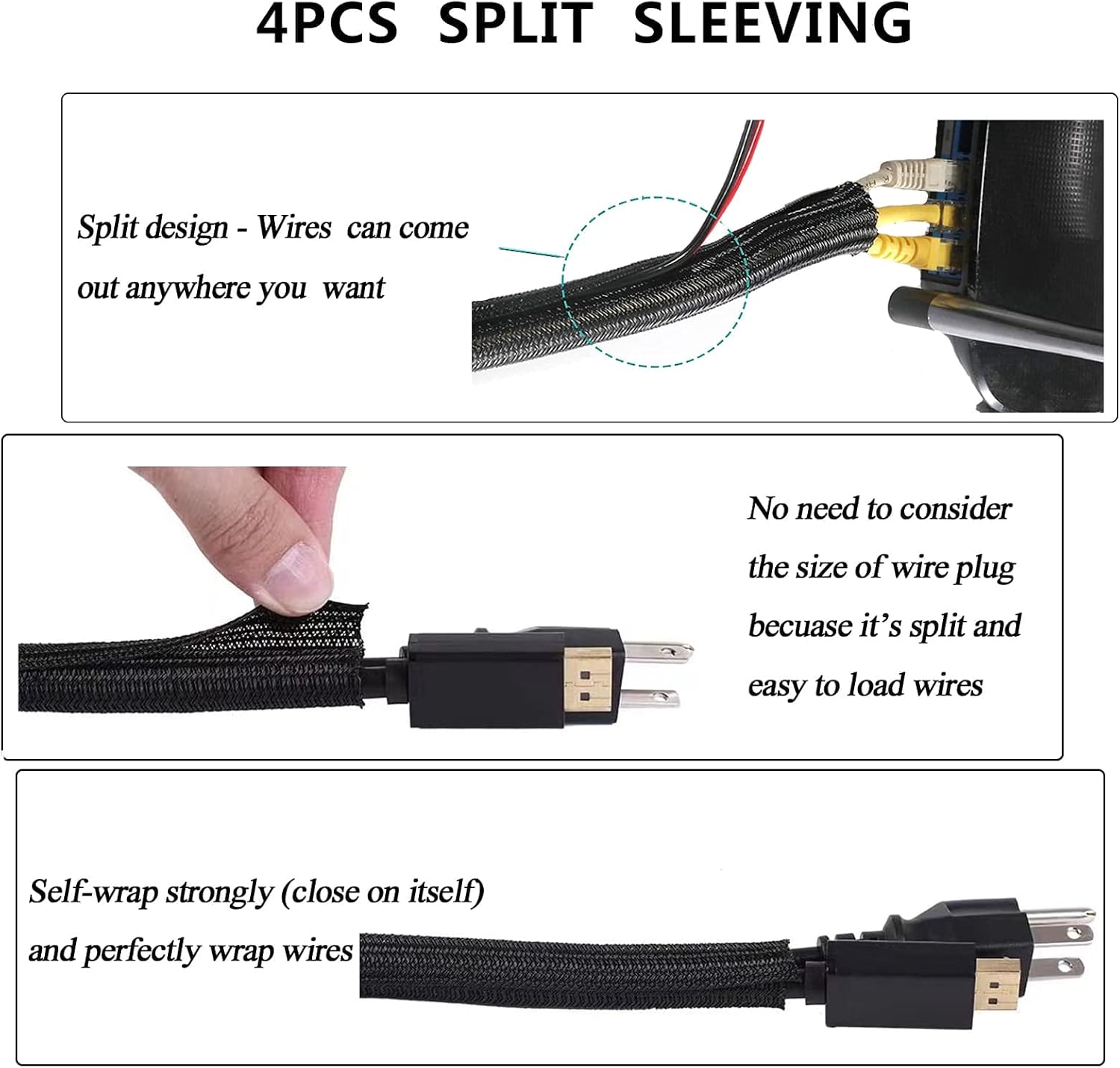 Cord Management Organizer Kit 4 Cable Sleeve split with 41Self Adhesive Cable Clips Holder, 10pcs and 2 Roll Self