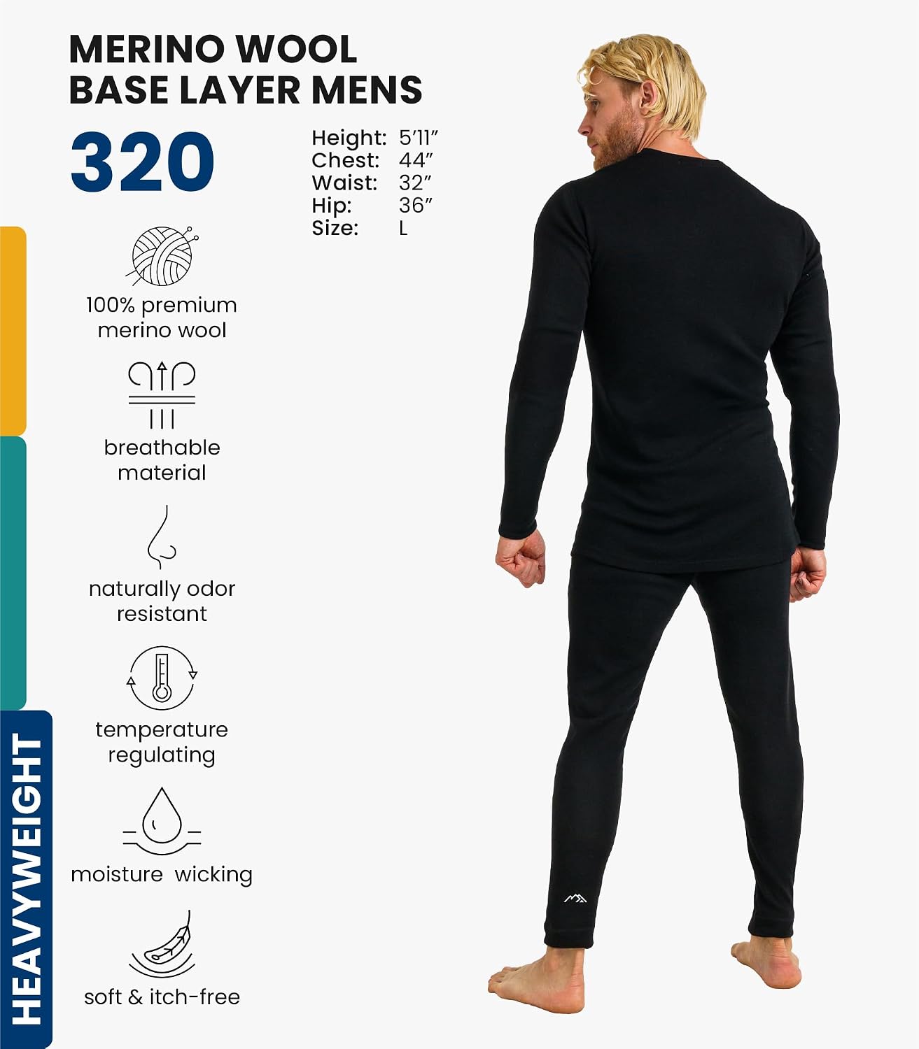 100% Merino Wool Base Layer Men Set - Thermal Underwear for Men Long Johns | Lightweight, Midweight, Heavyweight Long