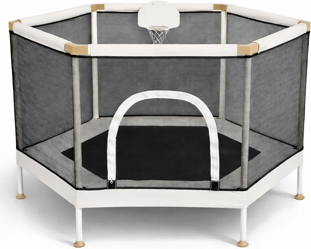 Kids Trampoline, Aesthetic Indoor and Outdoor Toddler Trampoline with Safety Net, Basketball Hoop, 220lb Capacity