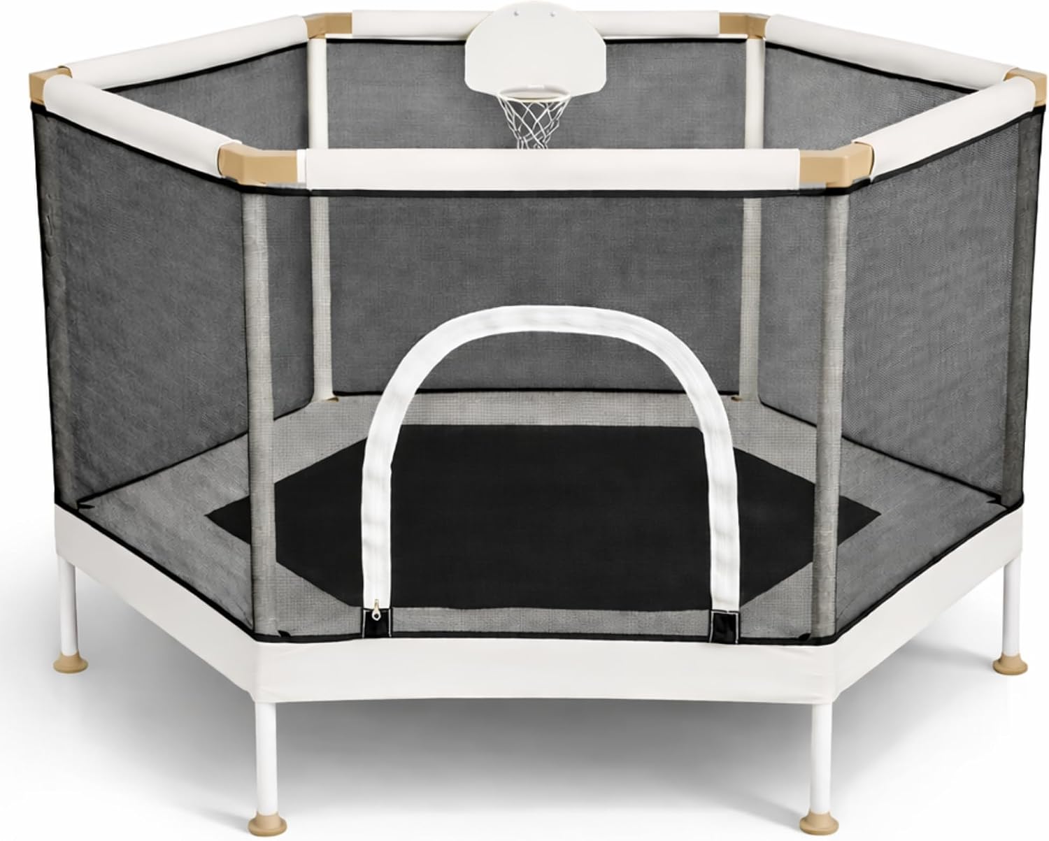 Kids Trampoline, Aesthetic Indoor and Outdoor Toddler Trampoline with Safety Net, Basketball Hoop, 220lb Capacity