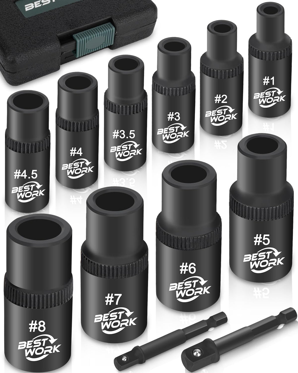 Bestwork 12pcs Magnetic Tap Socket Set, 1/4", 3/8" Square Drive Tap Handle