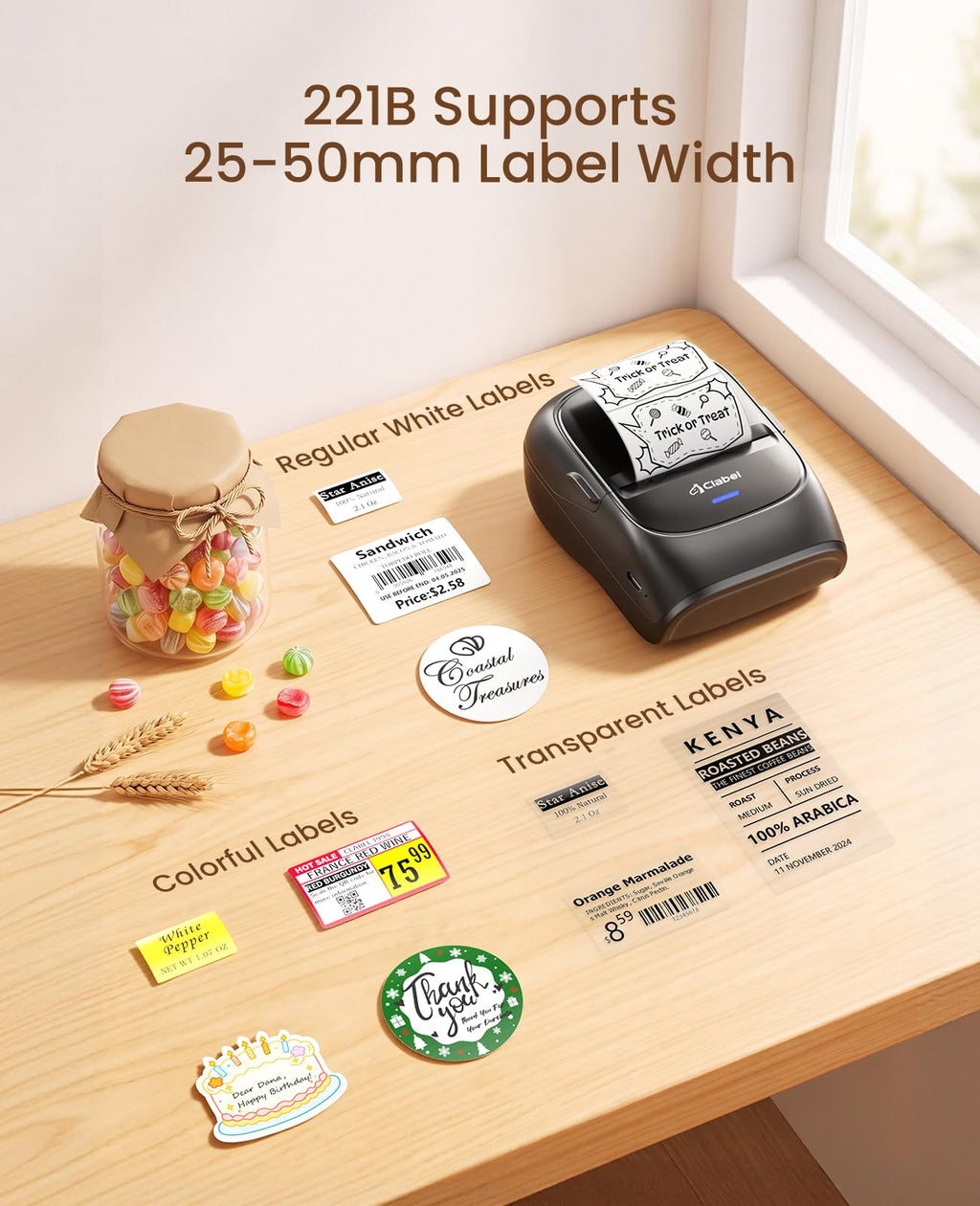 221B Label Printer with 5 Tapes, 2" Bluetooth Label maker