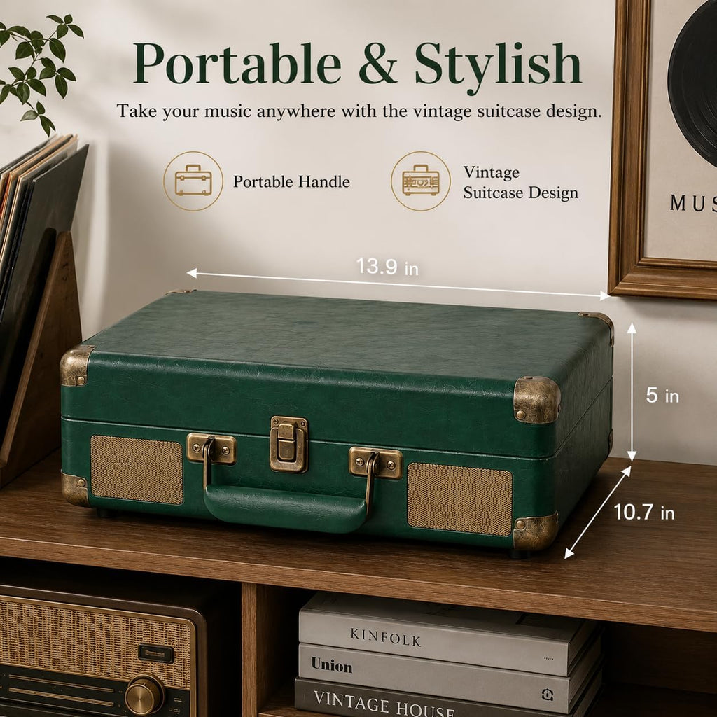Record Player with Bluetooth Input & USB Recording, Built in Stereo Speakers, Portable Suitcase Vinyl Player 3-Speed