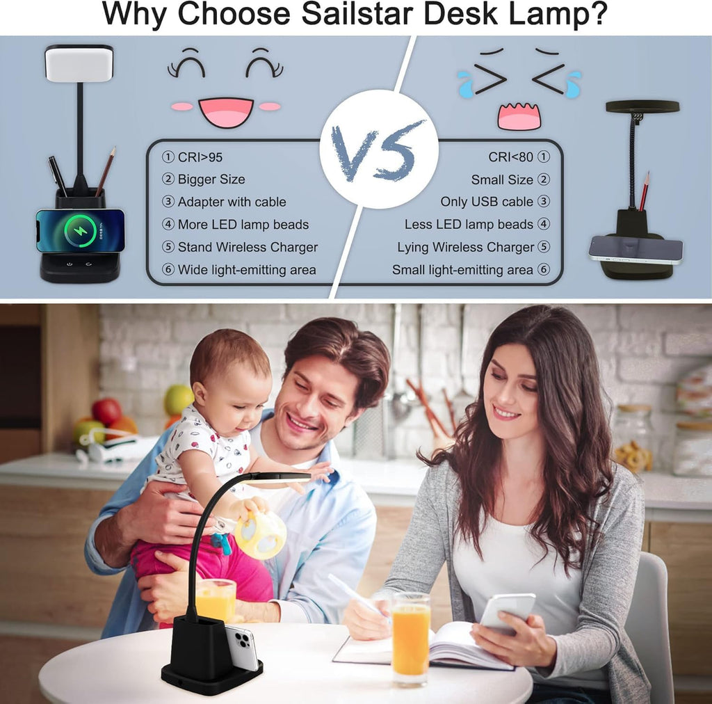 LED Desk Lamp with 10W Wireless Charging & Pen Holder, Black | CRI 95, 800LM, Stepless Dimming, 3 Modes, 360°Flexible