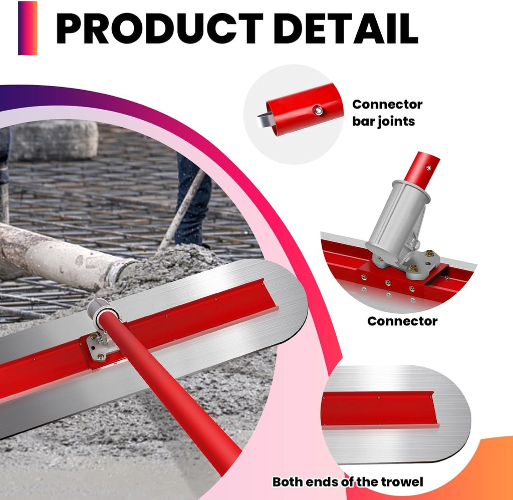 Concrete Finishing Float, 48x12 Stainless Steel Bull Float with Four 59 Inch Aluminum Handles and Adjustable Angle