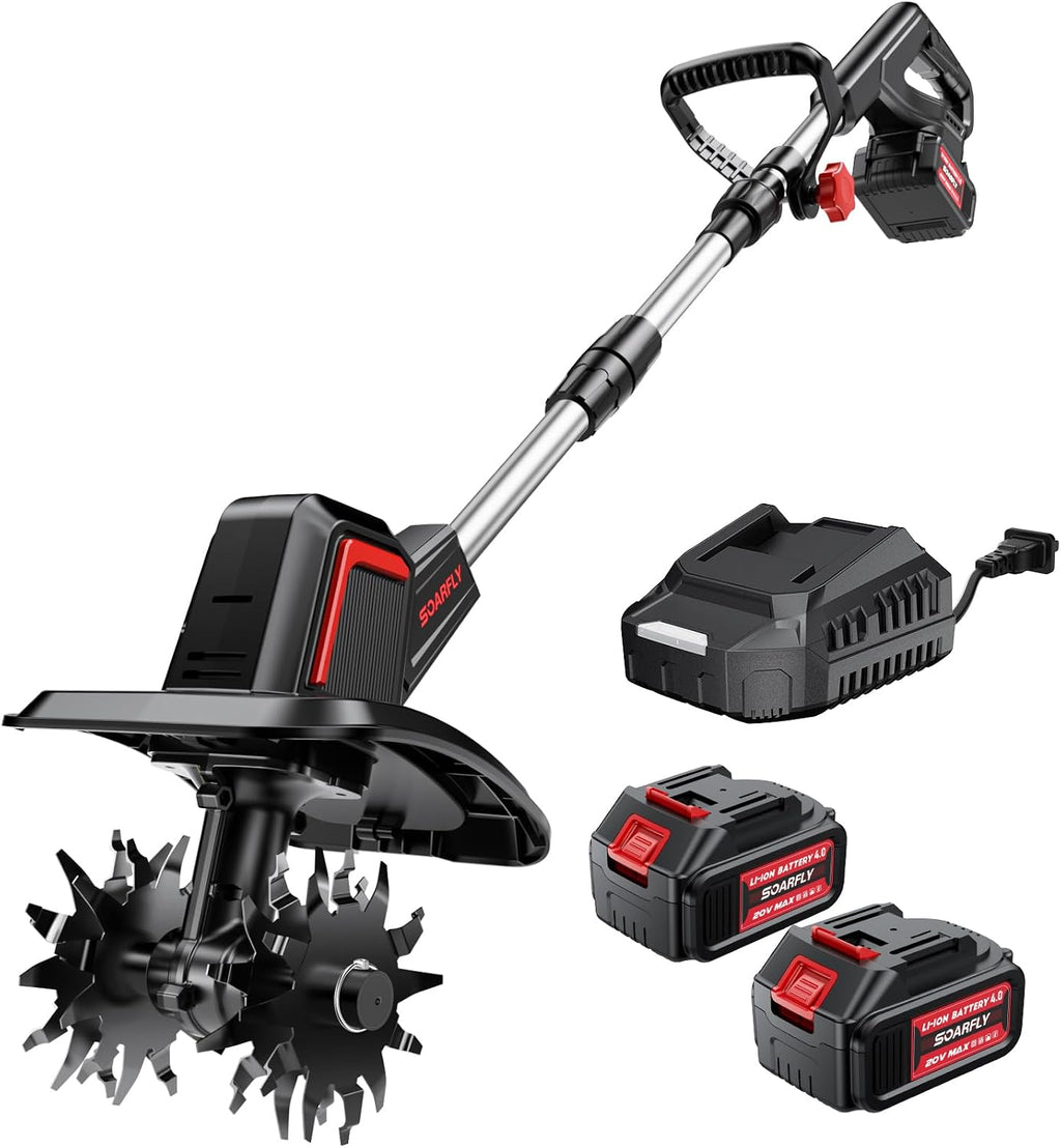 Upgraded Cordless Electric Tiller for Gardening, Total 8.0Ah Battery Powered Mini Cultivator with 2×4.0AH Batteries