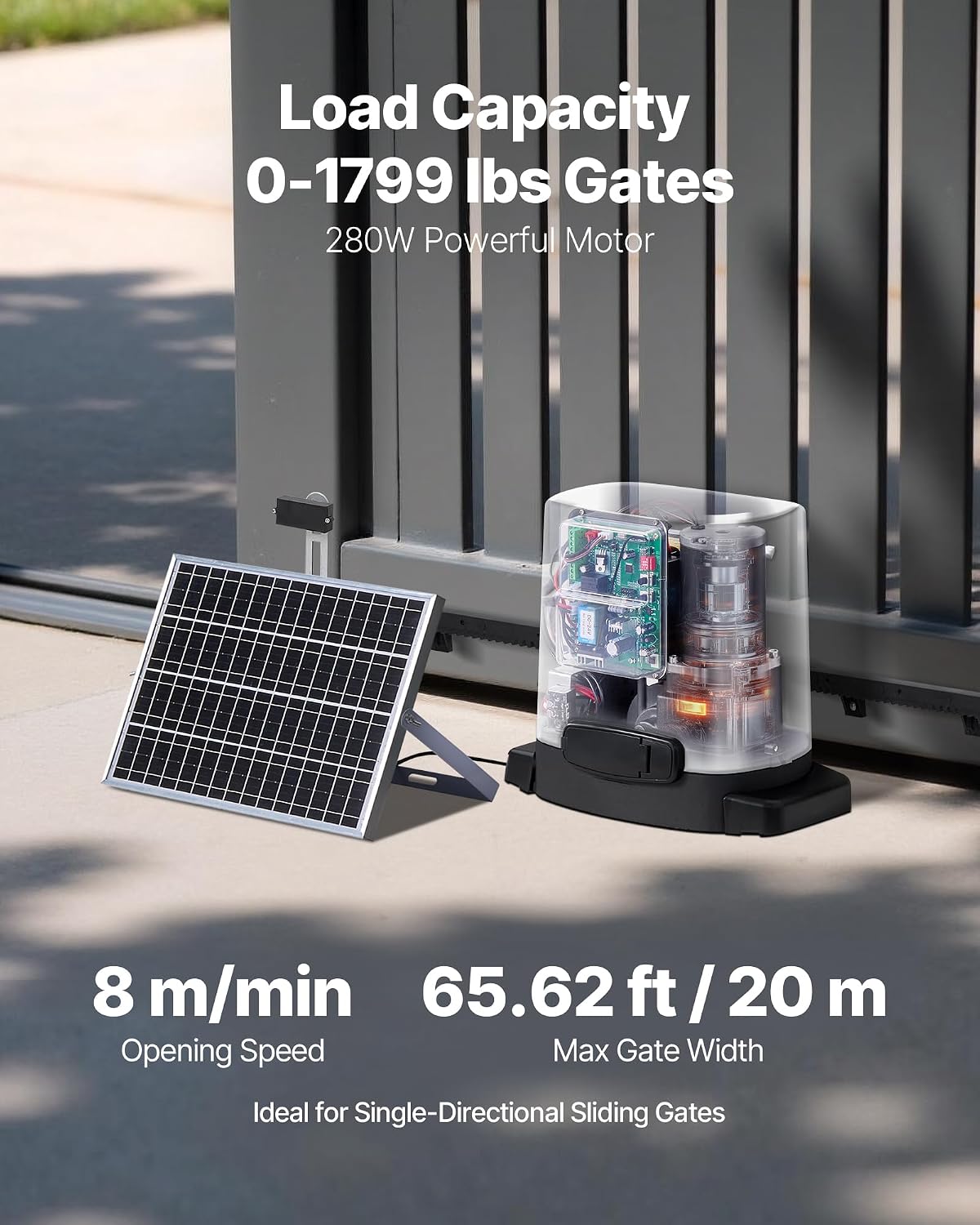 Solar Sliding Gate Opener, 280W Electric Gate Opener for Doors up to 65.6ft 1799lbs, Gear Track Rolling Fence Door