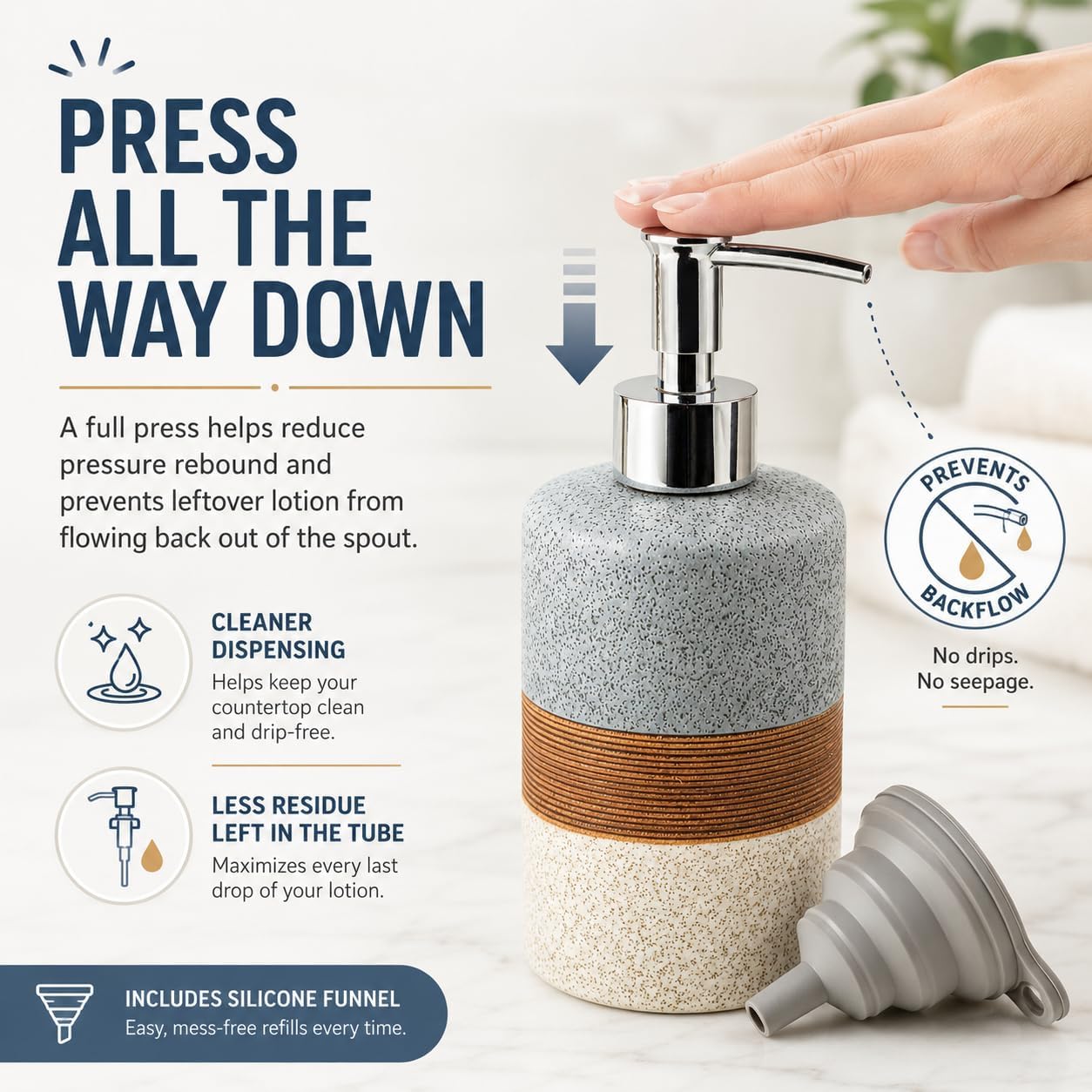 Ceramic Soap Dispenser Set for Hand Soap, Shampoo, Dish Soap, Conditioner, Bathroom & Kitchen, Stainless Steel Pump