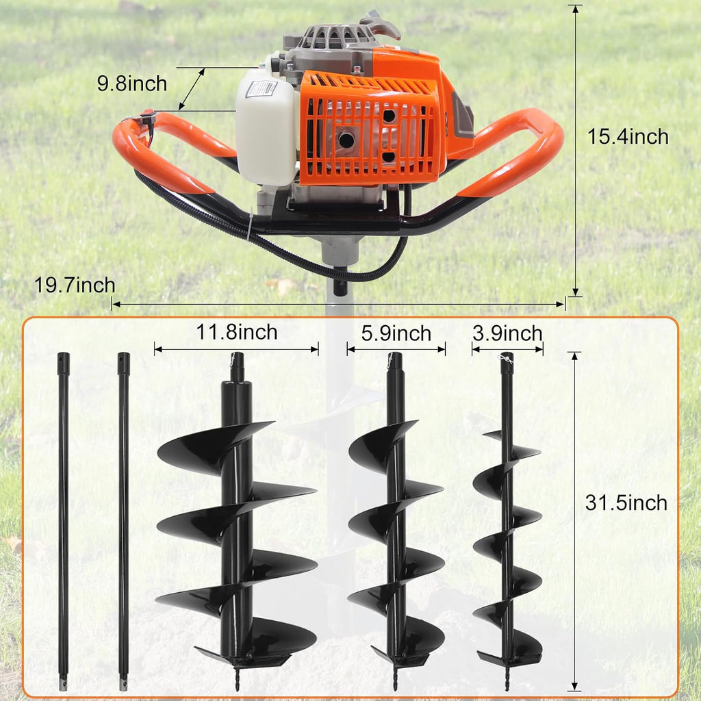 72CC Gas Powered Post Hole Digger with 3 Drill Bits (4", 6", 12") & 2 Ext | 2-Stroke Earth Auger, LightWeight