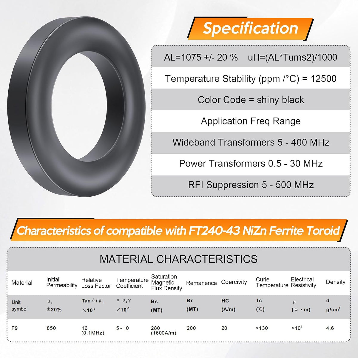 Toroid Ferrite Core, Compatible with FT240-43 Ferrite Ring