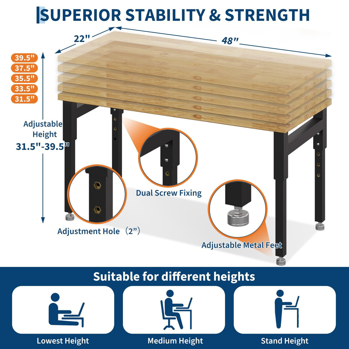 48" Adjustable Workbench, 2500 Lbs Capacity Heavy-Duty Work Bench Table