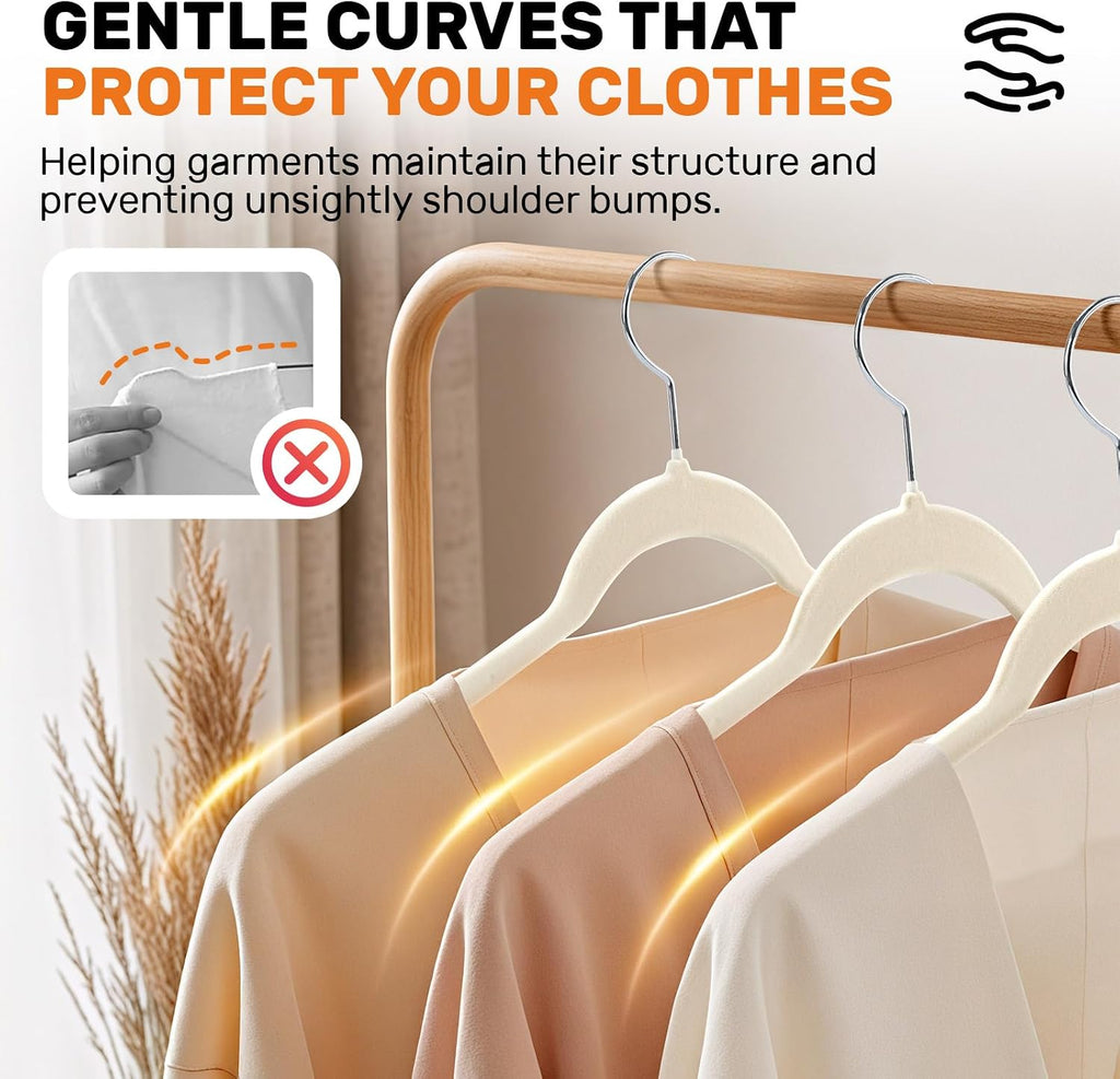 Velvet Shirt Hangers 30 Pack, Slim Felt Hangers Beige | Non-Slip Flocked Surface; 360° Swivel Hooks; Space-Saving