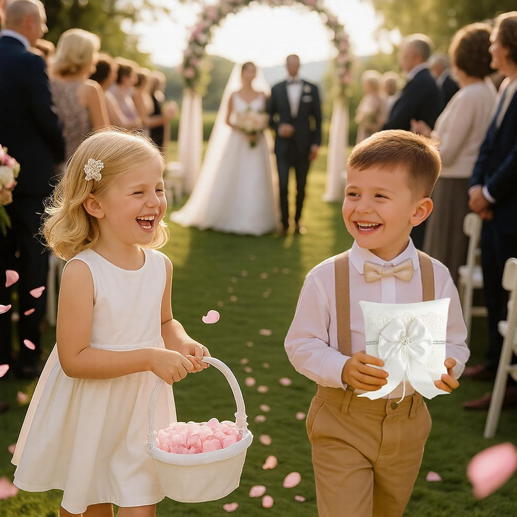 Wedding Ring Bearer Pillow: 8.2 x 8.2 Inch Ring Cushion with Lace & Pearl Bow – Ceremony Ring Holder for Flower Boy